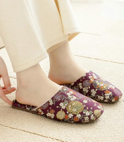 Epsion Floral Silk Embroidered Slippers for Women Retro Brocade Upper Fuzzy Lining Anti-Slip House Shoes4