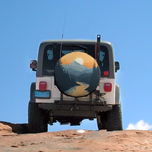 Image of Camping Spare Tire Cover 14 Inch Mountain Adventure Weatherproof Universal Wheel Protectors Watercolor Nature Landscape Universal Fit for Trailer SUV Truck Camper Travel Trailers Accessories