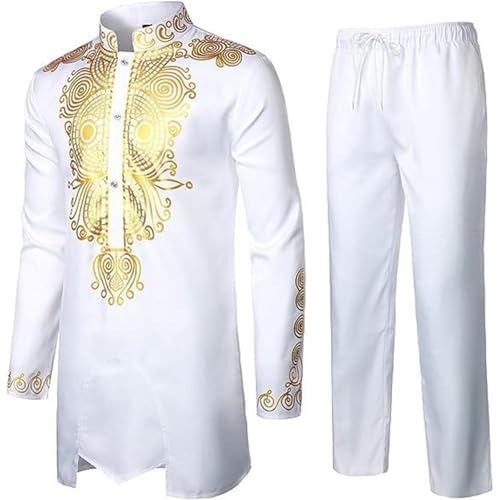 Generisch Afrikanisches Herren-Outfit, Langarm-Dashiki mit goldfarbenem Druck und Hose, traditioneller Anzug, 2-teiliges Set – Bild 3