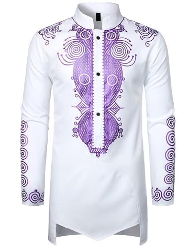 ZEROYAA Men's Traditional African Long Sleeve Dashiki Shiny Pattern Printed Dazzling Shirt