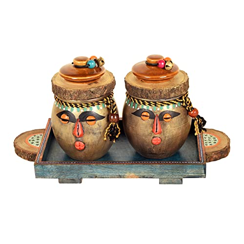 Image of AAKRITI ART CREATIONS Happy Tribals Storage Jars and Handcrafted Tray S03 | Handcrafted Abstract Art Storage Jars | Kitchen Decoration Items Stylish Tray & Jars | Kitchen Containers