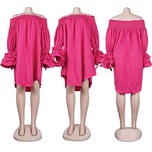 Image of WOKANSE Women's Casual Plus Size Shirred Dresses Off Shoulder Bell Sleeves Ruffle Loose Stretchy Neck Midi Dress