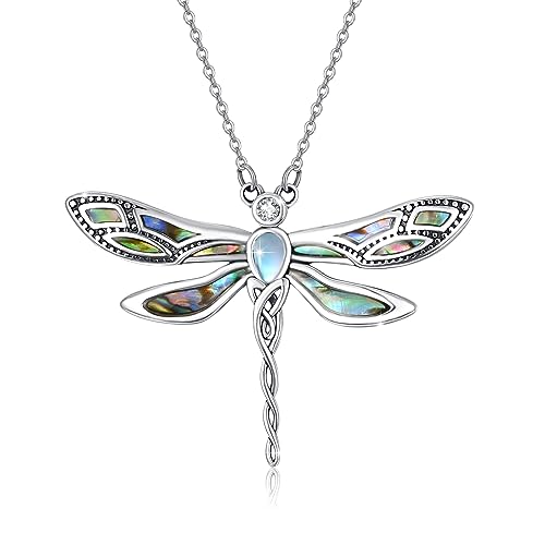 CUOKA MIRACLE Dragonfly Necklace 925 Sterling Silver Abalone/Oil Drop Dragonfly Necklace for Women mit Moonstone Dragonflies Pendant Jewelry Christmas Birthday Gifts for Women Men Mom Girlfriend