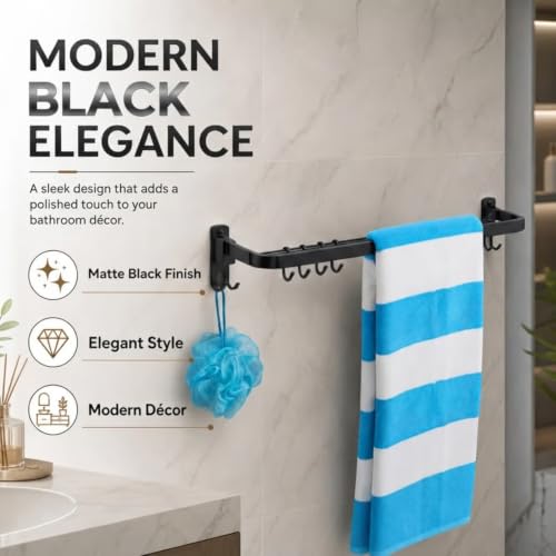 Image of Well Set Stainless Steel Foldable Towel Rack for Bathroom | Wall Mounted Towel Holder with Shelf | Durable Rust-Free Space Saving Bathroom Accessory (Black, Small)