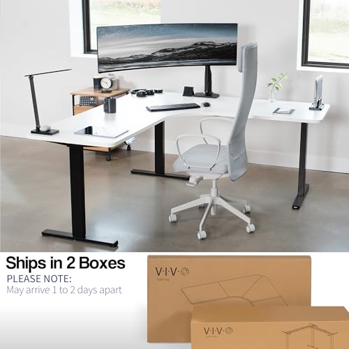 Image of VIVO Electric Height Adjustable 71 x 71 inch Curved Corner Stand Up Desk, White Table Top, Black Frame, Memory Controller, L-Shaped Workstation, E3C Series, DESK-KIT-E3CBW