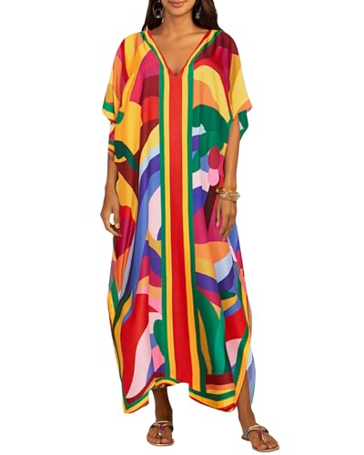 Bsubseach Kaftankleider für Frauen Pluse Größe Maxikleid Long Print Badeanzug Cove Up Rot Gelb