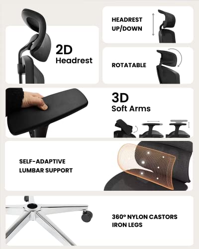 Dripex Ergonomic Office Chair - High Back Desk Chair With 3D Armrest/Lumbar Support/Headrest/Wheels, Full Mesh Seat Bottom Tilting Computer Chair For Tall People Home Rolling Swivel Chair, Black #TOP4