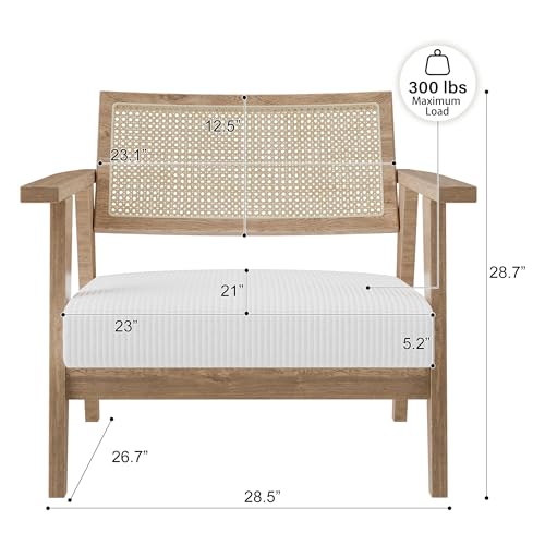 BELLEZE Mid Century Modern Rattan Chair Set of 2 Accent Natural Wood Armchair with Upholstered Seat and Cane Back, Boho Retro Lounge Chair for Living Room Bedroom Office