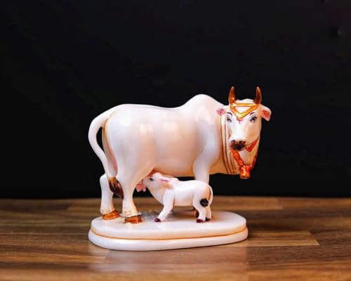 Image of Calf Statue in Marble Dust, 9CM Holy Cow. Idol, Showpiece for Home Decor, Handmade Divine Cow., Mother Cow.with Baby Calf, kamdhenu Gold