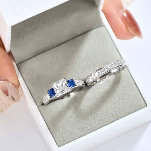 Wuziwen Three Stone Princess Cut Blue Simulated Sapphire and Cubic Zirconia Wedding Bridal Rings Set for Women 925 Sterling Silver Engagement Ring for Her Sz 7