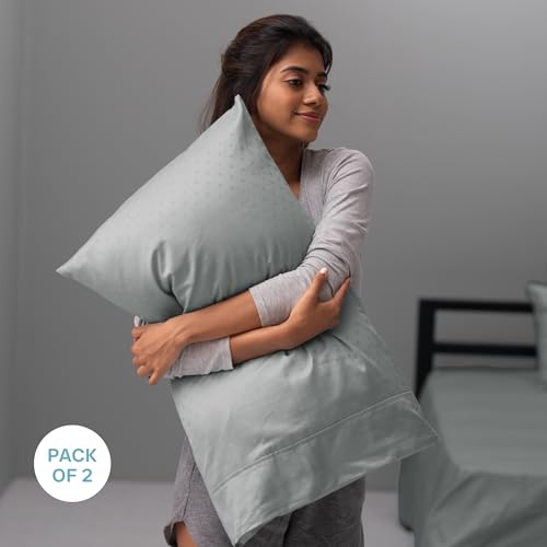 Image of Blue Dahlia 100% Cotton, Standard Size Pillow Covers (18 inch x 28 inch), Set of 2 Pillow Covers, Silky Smooth Feel, 300TC Dotted Premium Pillow Covers, Colour: Grey