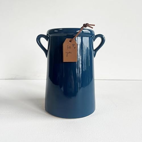 pf+a Blue Milk Churn Shaped Vase With Double Handles - Leather Tag 'For You' - Blue ceramic Vase - Home Decor
