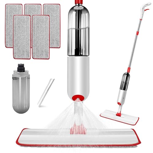 Spray Mops for Floor Cleaning, MASTERTOP Microfibre Spray Mop with 1 Refillable Bottle, Wet Dust Flat Mops for Laminate Wood Tiles Vinyl Floor, Send 5 Reusable Mop Pads