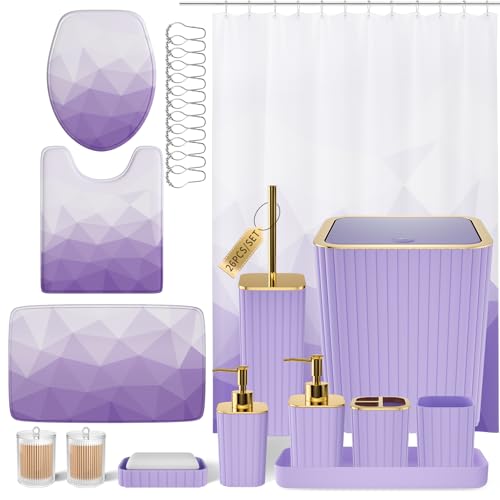 XLHOMO Bathroom Accessory Set - 26PC Bathroom Shower Curtain and Rug Set Bathroom Accessories Set Purple Bathroom Set with Trash Can Toilet Brush Qtip Holder & Soap Dispenser