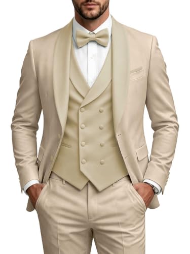 NQGGS Lightweight 3 Piece Men Suits Shawl Lapel Formal Sets Champagne M