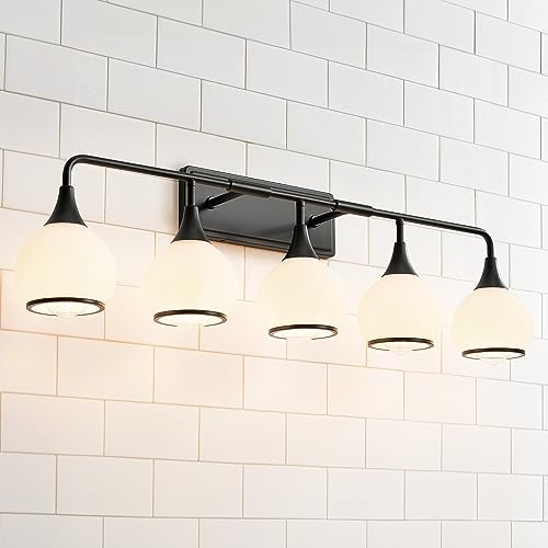 Image of Black Bathroom Light Fixtures 5-Lights Vanity Lights with Milky White Frosted Glass Shade Bathroom Vanity Light 39.2 inch Wall Sconce Lighting Bath(Exclude E26 Bulb)
