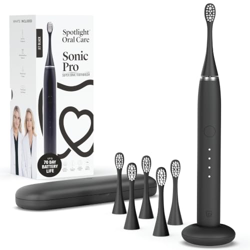 Spotlight Oral Care Sonic Pro Electric Toothbrush + 6 Heads (18-Month Supply) Made by Dentists | Pressure Sensor & 4 Modes | USB-C Charging 70-Day Battery | Gently Whitens Sensitive Gums Black