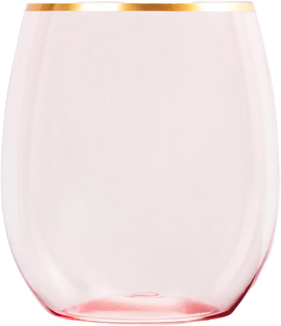 EcoQuality 12 oz Pink Plastic Stemless Wine Glasses with Gold Rim, Disposable Unbreakable Shatterproof Elegant and Reusable Wine Tumbler for Parties, Weddings, Ideal for Indoor or Outdoor Events (36)