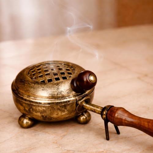 Image of ServDharm Dhoop Dani with Handle | Incense and Loban Burner Dhuni Stand for Home, Office and Temple Pooja | Metal Dhoop Dani Antique Gold, Round, 3.3 Inch |11.4 cm