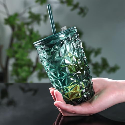 Image of Kamvy Printed Glass Milk Mug with Recipe Design (400ml) Pack of 1 | Transparent Drinking Glass for Coffee, Milk, Juice & Smoothies | Stylish Measuring Tumbler for Home & Kitchen (Diamond Green)