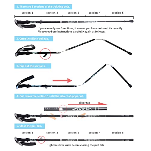 Foto von Wanderstöcke Trekkingstöcke Nordic Walking Stöcke 7075 Aluminium Wanderstock Faltbar verstellbar 110-130cm mit 4 Paar Gummipuffers für Trekking (Schwarz)