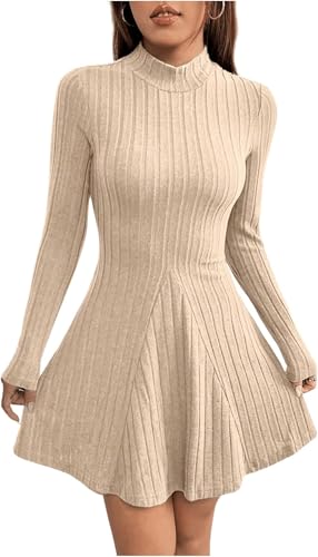 TrendiMax Damen Kleid Herbst Winter Freizeitkleid Langarm Minikleid Skaterkleid A Line Pullover Kleid Kurz Partykleid Winterkleid (S, Aprikose)