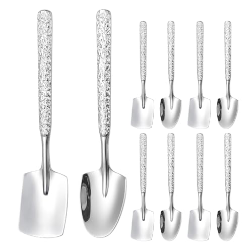 MAGICLULU Cucharas de Postre y Limpieza Juego de 10 de Acero Inoxidable Diseño Martillado Elegante, Forma Cuadrada para Cocina Moderna