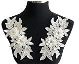 RUINUO 3D Lace Beads Flower Applique Patches Sew on Patches Embroidery Appliques Rhinestone Sewing Wedding Dress Collar Decor White