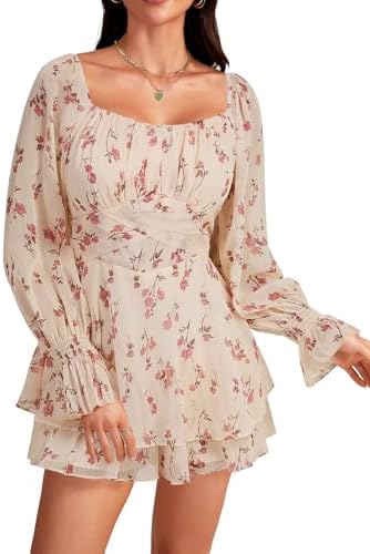 LYANER Women's Floral Print Off Shoulder Long Sleeve Ruffle Hem R...