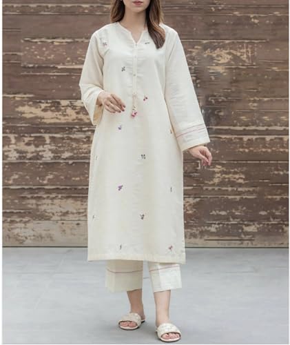 Image of Women's White Cotton Embroidered Kurta Pant Set | Soft & Elegant Straight Kurti with Subtle Multi-Thread Floral Embroidery |Ethnic Set for Women