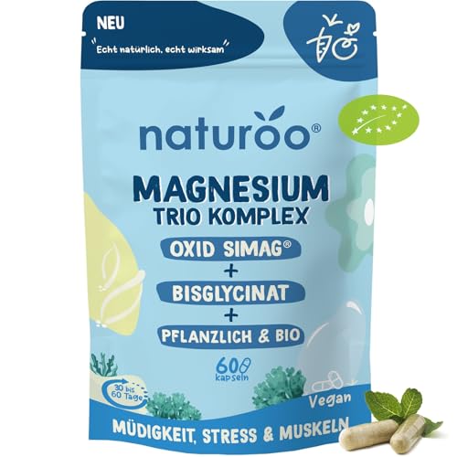Bio Magnesium Trio Komplex : Natürlich & Hochwertig | 60 Kapseln vegan hochdosiert für 1–2 Monate | Magnesiumoxid SiMAG®, Bisglycinat & Meeresalgen, gegen Müdigkeit, Stress & Muskelkrämpfe