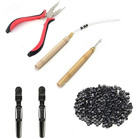 Amesun 6 Pc Kit for Micro Ring Feather Hair Extensions Include 500pcs Silicone Micro Ring, Plier, Pulling Needle, Loop and 2Pcs Hair Clips (Black) Cover