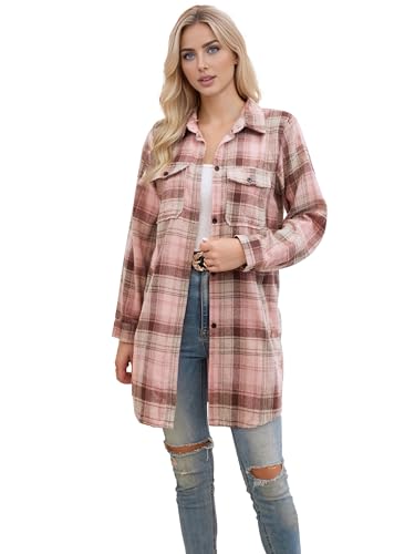 SANGTREE Women and Girls Oversized Flannel Plaid Shirt Mid-Length Casual Button Down Shirt with Pockets2