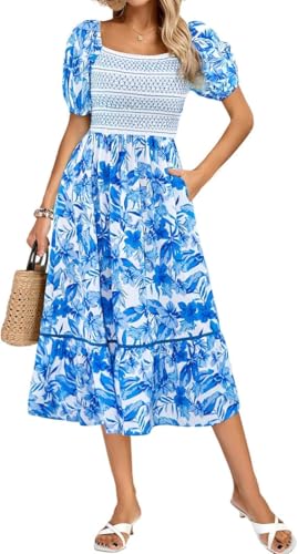 Kate Kasin Damen Blumendruck Midikleid Viereckiger Ausschnitt Gesmoktes Mieder Kurze Puffärmel A-Linie Sommerkleid mit Taschen Blau Floral L