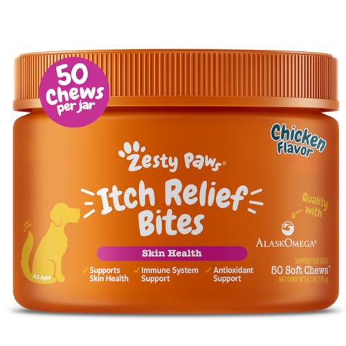 Zesty Paws Itch Relief for Dogs - for Itching Skin & Coat Health - Omega-3 Fish Oil with EPA & DHA - Dog Bites Supplement with Vitamin C & E for Antioxidant Support - Chicken Flavor - 50 Count