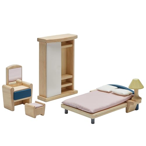 PlanToys® Wooden Bedroom Dollhouse Furniture Set in Orchard Shade for Kids | Montessori Small World and Home Routine Play | Eco Friendly Wooden Dollhouse Bedroom Set for Imaginative Play