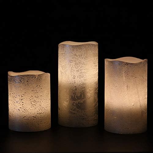 Rhytsing Silver Flameless Led Candles, Battery Operated Pillar Candles with Remote Control, Warm White Flickering Light, Textured Wax Finish, Batteries Included - Set of 3