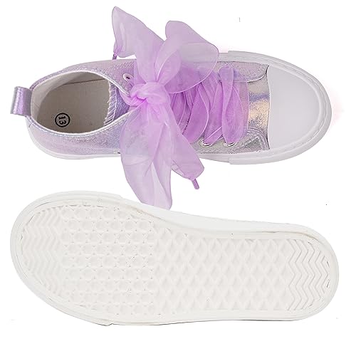 HugRain Kids Girls Sneakers Walking Shoes Bowknot Pearl Ribbon Lace Up Adorable Sparkle Glimmer Glitter Lightweight High Top Classic Non-Slip Outdoor Purple Size 2