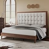 Jocisland Solid Wood Queen Size Bed Frame 50.2' Tall Upholstered Headboard, Mid-Century Style, Stable Platform Support, No Box Spring Needed, Walnut