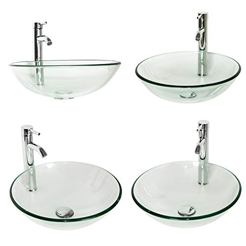 Walcut Tempered Glass Vessel Bathroom Vanity Sink Round Bowl, Chrome Faucet & Pop-Up Drain Combo #TOP4
