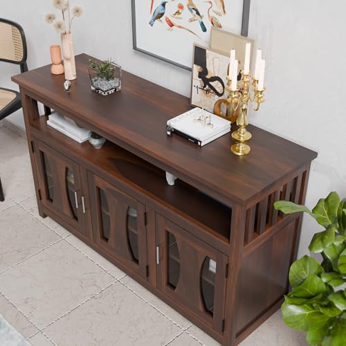 Image of WOODY Furniture Kitchen Crockery Cabinet Wooden | Solid Wood Sideboard Cabinet for Living Room | Solid Wood Storage Cabinet for Dining & Living Room | Sheesham Wood Console Table (Walnut Finish)
