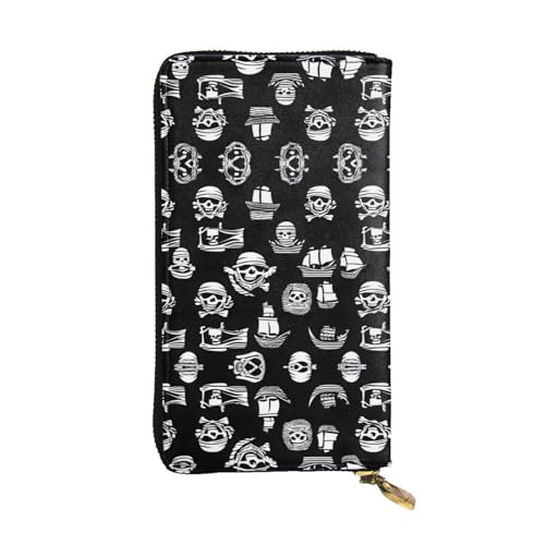 Stylish Black And White Pirates Pattern Leather Wallet - Long Clutch for Women, RDurable Material, 12 Card Slots, Zipper Compartments