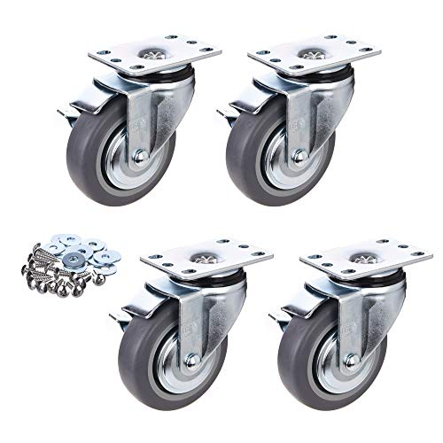 [T-REX CASTER] 4inch Heavy Duty Casters, All Swivel Plate Caster Wheels with Safety Side Locking and Rubber Plastic Load Capacity - 840 Lbs Per Caster (Pack of 4) Unversal Fit. P504S-4B