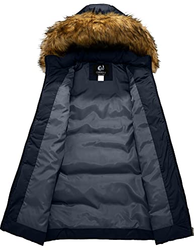 Cherfly Women's Winter Puffer Coat Heavy Warm Long Parka Down Jacket With Fur Hood,Navy,Large #TOP1