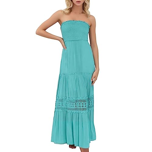 Strapless Dress for Women Summer Boho Beach Cover Ups Sundresses Trendy Off Shoulder Smocked Lace Trim Dress