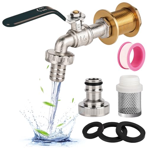 Kugelauslaufhahn 1/2 Zoll Kugel-Auslaufventil Messing Wasserhahn Regentonne Universal Frostsicher Garten Wasserhahn mit Schlauchverschraubung+Filtersieb,Regenwassertank IBC Tank Zubehör(Schwarz)
