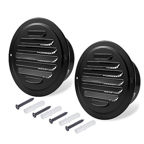 4 Inch Black Soffit Vent Cover FocuVenHom Stainless Steel Round Louvered Grille Cover Vent Hood Flat Ducting Ventilation Wall Vent with Built-in Fine Mesh for Garage Apartment RV (100mm - 2PCS)