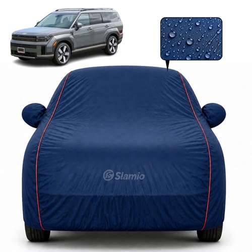 Image of Premium 100% Waterproof Car Cover for Hyundai's Santafe Model | All-Weather, UV & Dust Protection | Heavy-Duty 3-Layer Fabric | Custom Fit with Mirror & Antenna Pockets | Navy Blue