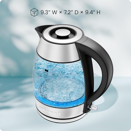 Image of Chefman Electric Kettle 1500W, 1.8L Hot Water Boiler, Removable Lid for Easy Cleaning, LED Indicators, Auto Shutoff & Boil-Dry Protection, Borosilicate Glass Electric Tea Kettle - Stainless Steel