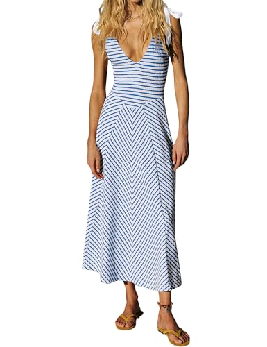 Image of Women Casual Summer Dresses Smocked V Neck Beach Dress Striped Sleeveless Sundress Flowy Long Dress with Pockets Blue White
